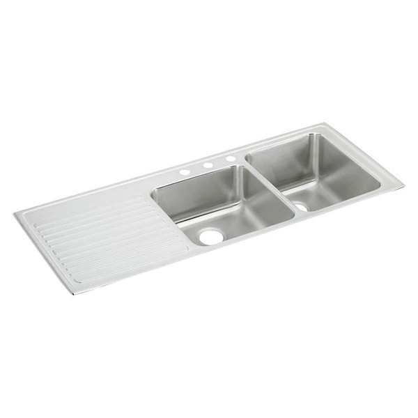 Lustertone Stainless Steel 54 X 22 X 10 Offset Double Bowl Top Mount Sink With Drainboard